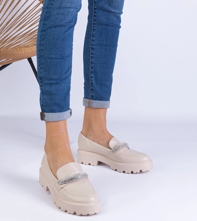 Mocasini bej pentru femei decorați cu pietre Talentino