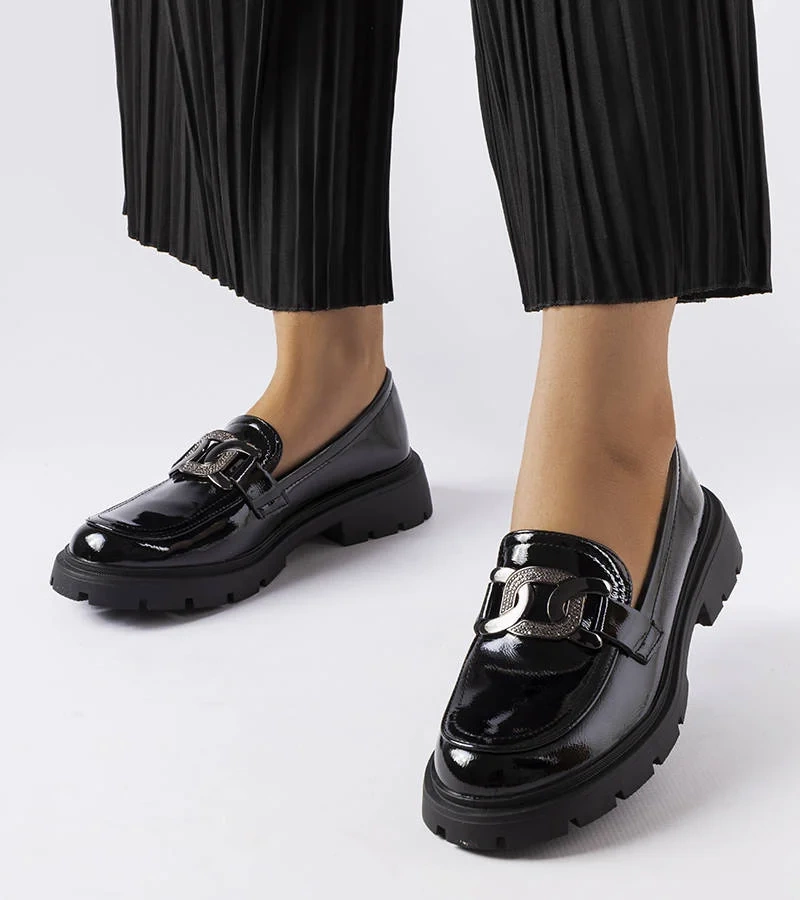 Mocasini lăcuiți negri cu zirconii Pineda