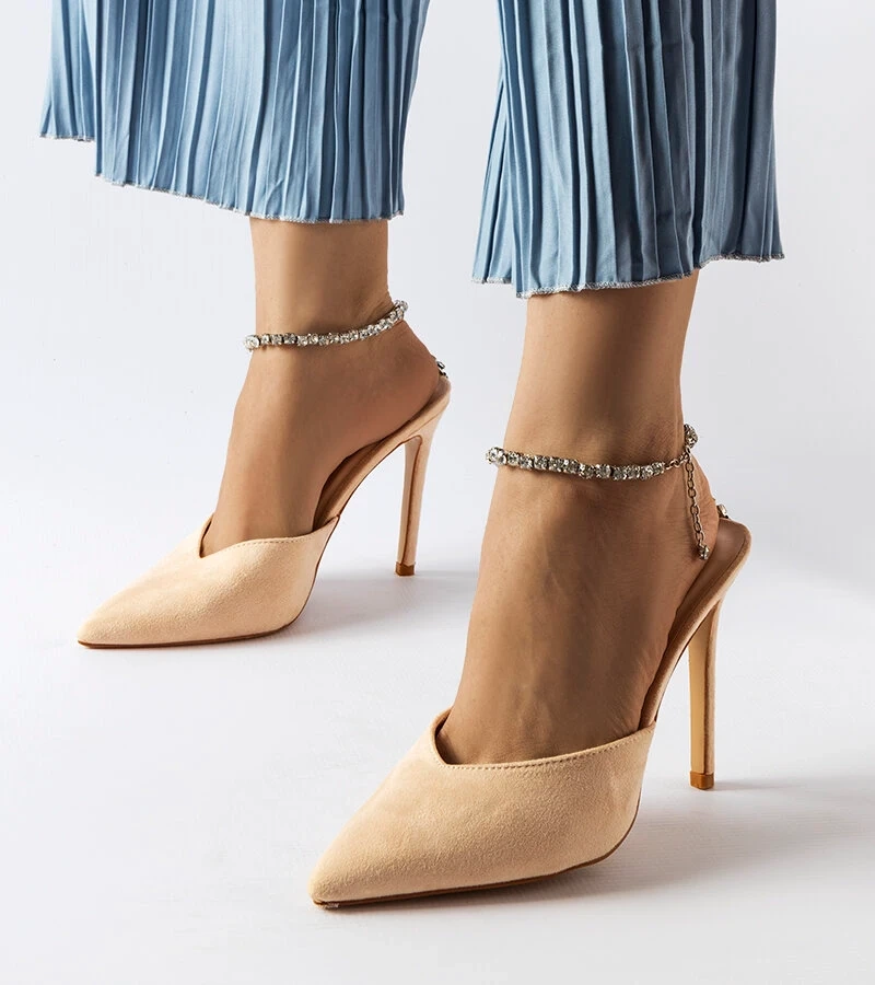 Șlapi cu toc stiletto bej Claude cu zirconii