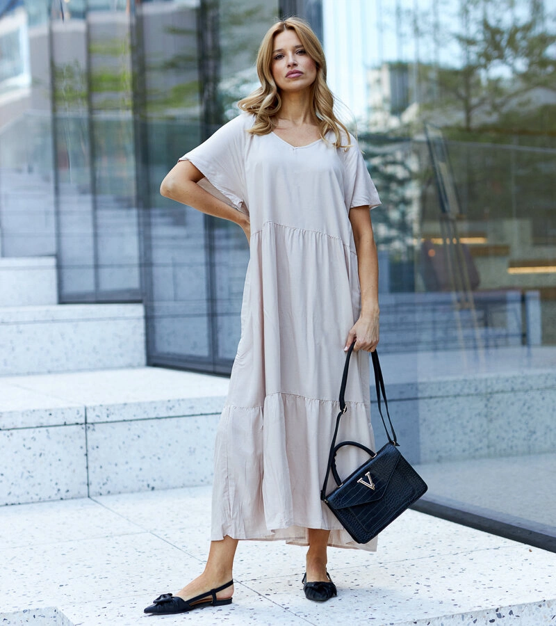 Rochie maxi bej cu croială lejeră Mamelia