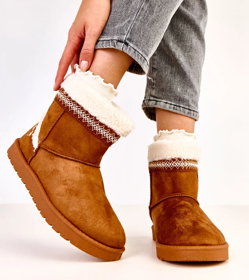 Cizme de zăpadă scurte caramel decorate cu broderie Sensila