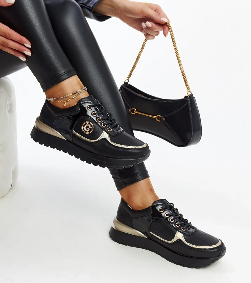 Sneakers negri de piele pe platforma Huduna