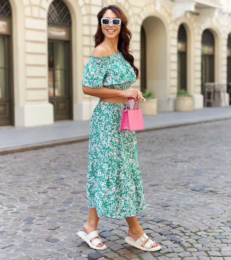 Set verde cu top și fustă midi Elora