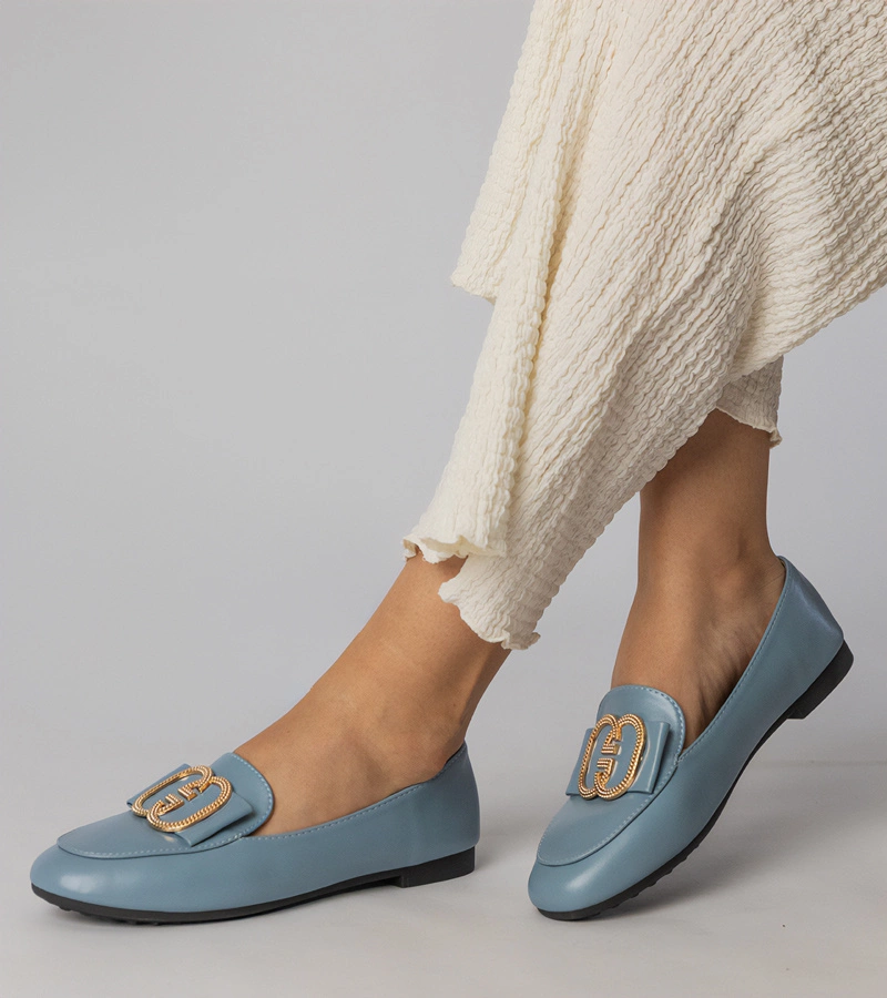 Mocasini de damă albaștri cu ornament auriu Frada