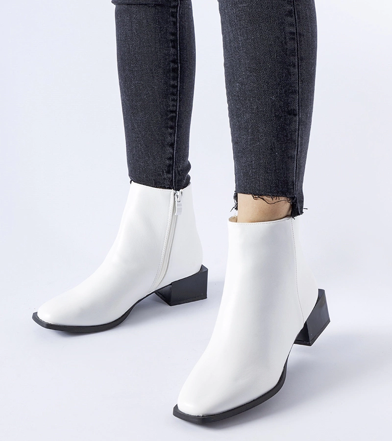 Botine albe călduroase cu toc pătrat Boris